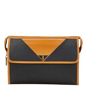 Saint Laurent YSL logo clutch bag black brown leather